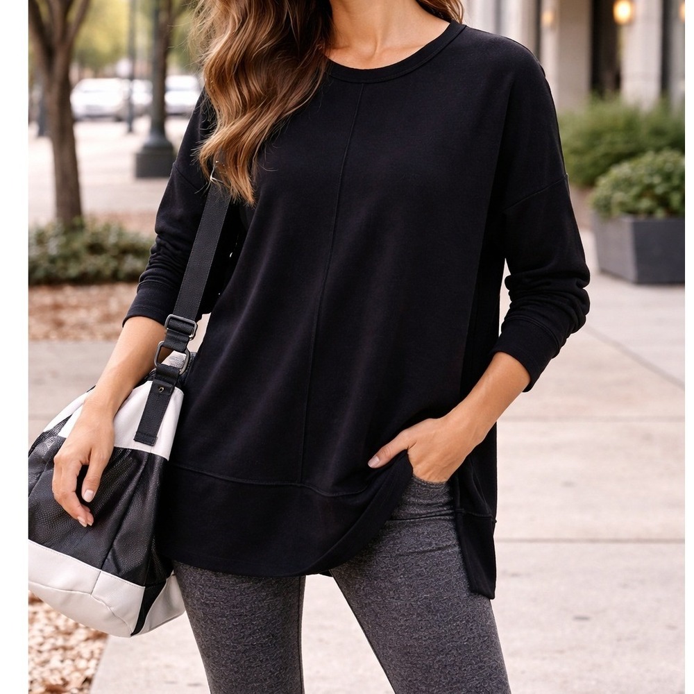 SPANX Black Long Sleeve Sweatshirt Tunic Top Mitered Seam Split Hem small